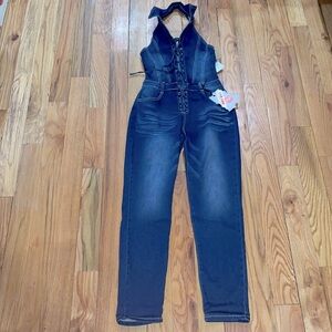 NEW Hotkiss lace up halter Stretch denim jumpsuit 6